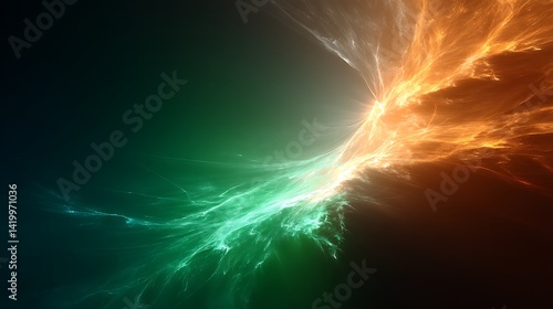 Obraz na płótnie Abstract Fractal Wave of Energy Intertwined with Green and Orange Colors on Dark Backdrop Art w salonie