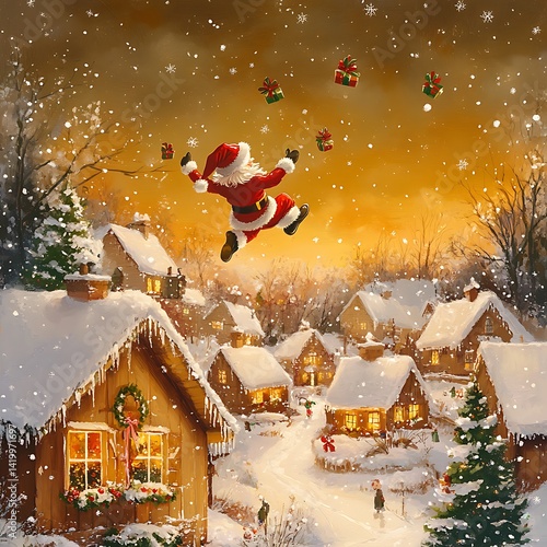 Santa Claus Flying Over Snowy Village at Sunset