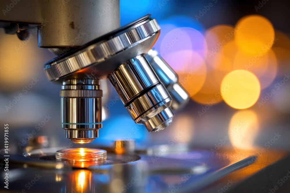 Microscope with a petri dish under the lens in a laboratory for research uses Microscope with a petri dish under the lens in a laboratory for research uses