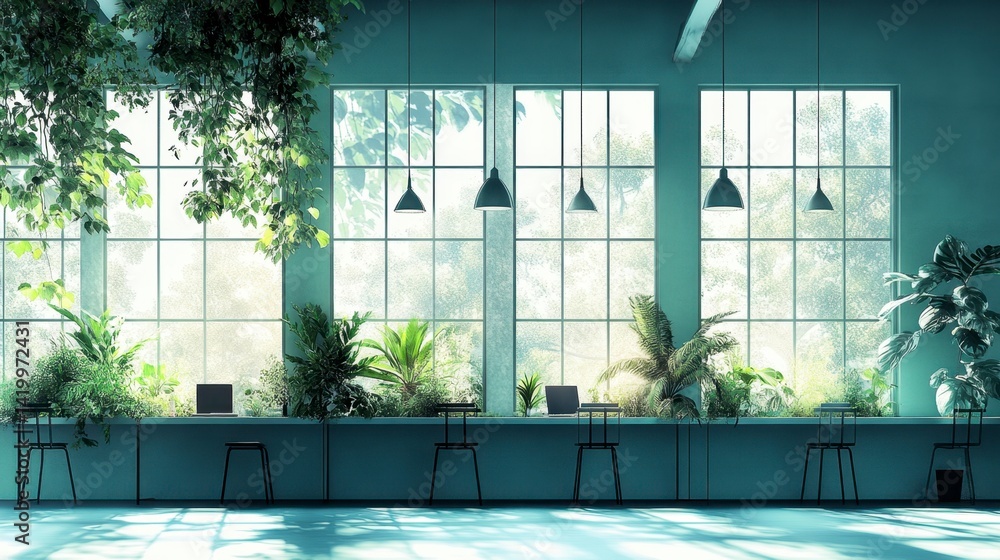 Fototapeta premium Sunlit modern workspace with large windows, greenery, and minimalist furniture. 