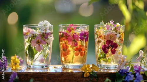 Colorful floral iced drinks displayed on a wooden patio.
