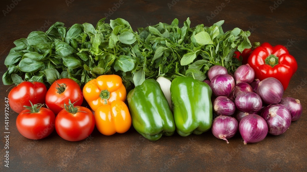 In this image, a range of spices, herbs, and vegetables are arranged around a dark surface with a textured quality, captured from overhead
