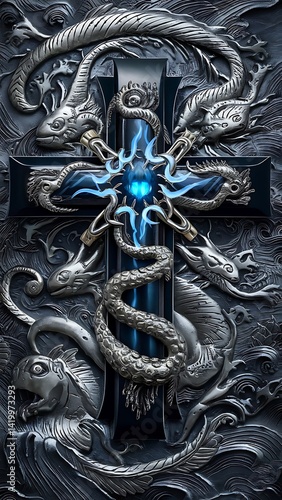 Ornate Dragon Cross Pendant with Chains