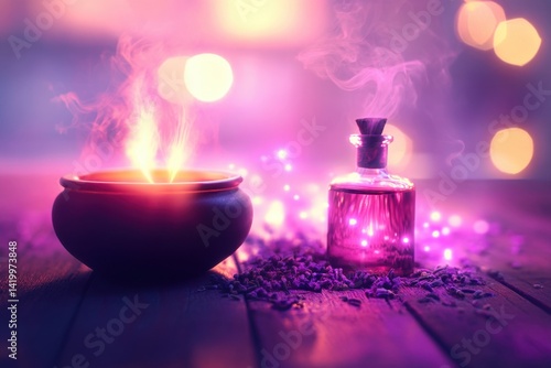 Mystical setup with aromatic potion and glowing cauldron on a wooden surface
