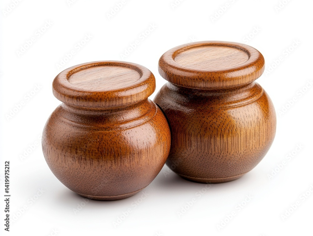 Two small, dark brown wooden containers with lids, arranged side by side on a white background. Two small, dark brown wooden containers with lids, arranged side by side on a white background.