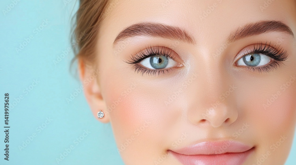 Close-Up Portrait of a Young Woman with Sparkling Blue Eyes and New Ear Piercing on a Soft Blue Background Close-Up Portrait of a Young Woman with Sparkling Blue Eyes and New Ear Piercing on a Soft Blue Background