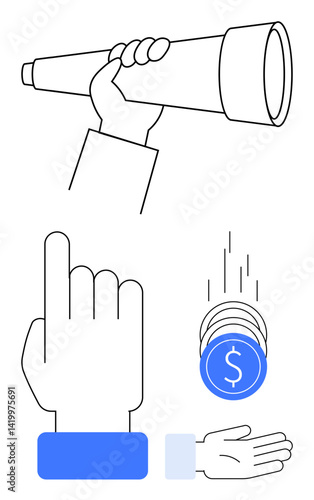 Hand holding telescope, pointer hand gesture, falling coins into open hand. Ideal for vision, opportunity, investment, guidance, decision-making, business development simple landing page