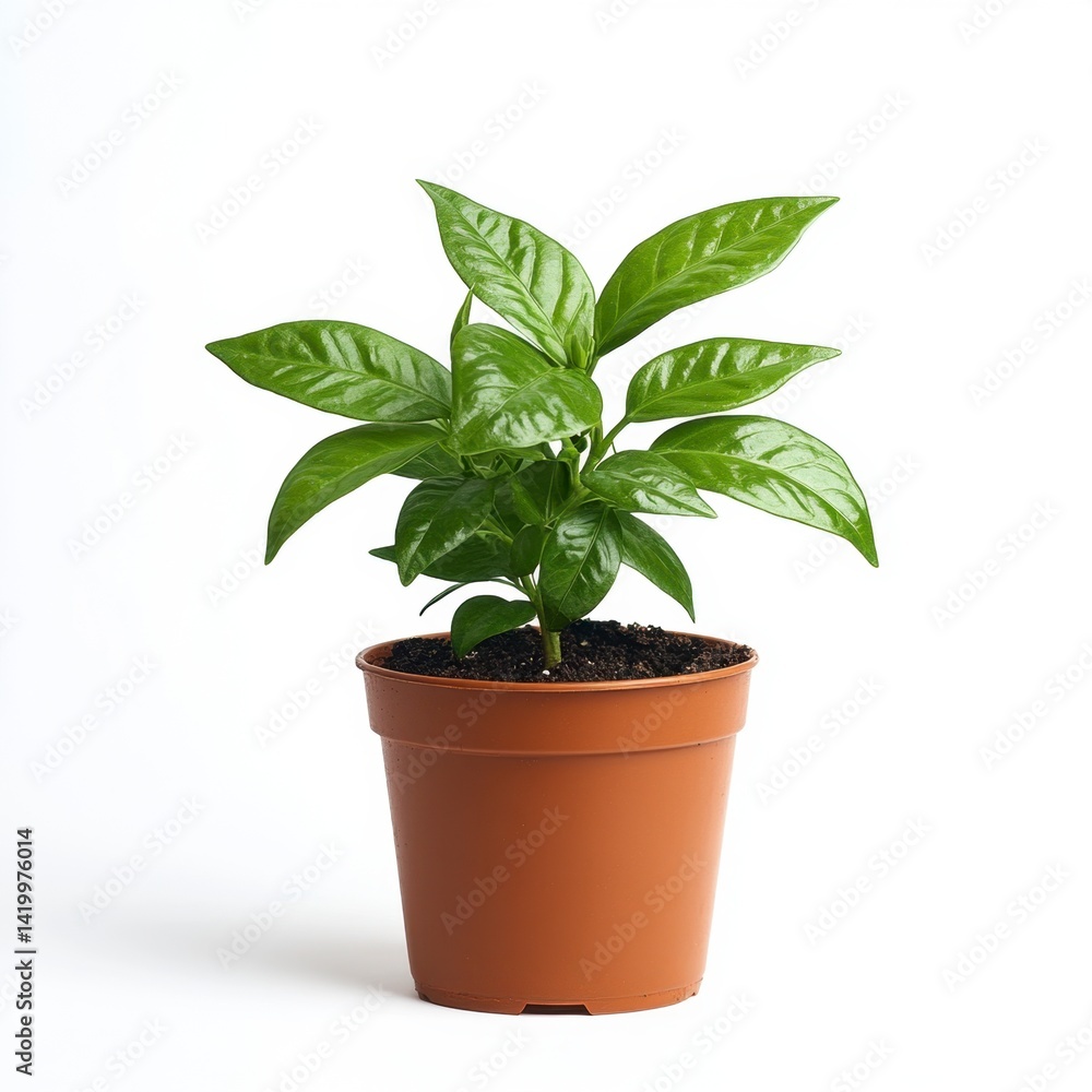 Obraz premium Vibrant green coffee plant in a brown pot against a bright white background.