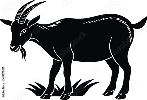 black and white goat, goat eating grass with baby, goat silhouette vector illustration, goat symbol icon.