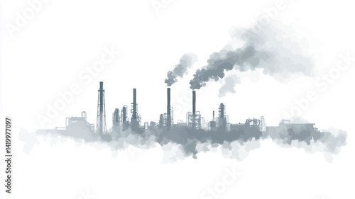 This work depicts an industrial landscape shrouded in thick fog in monochrome. The tones are mainly various shades of gray, creating a soft and slightly melancholic atmosphere.