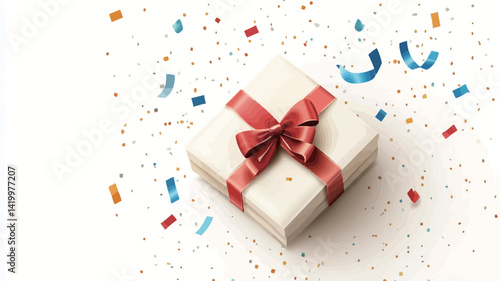 Close up, high angle shot of a square off-white gift box with a bright red ribbon tied in a classic bow. The gift box is in the center against a pure white background.