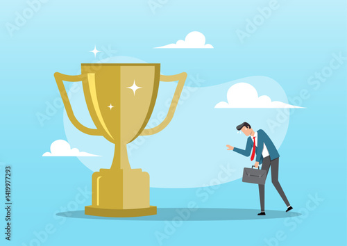 A tired and sweaty businessman standing near a large golden trophy