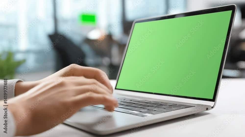 Close-up of hands typing on green screen laptop at minimalist desk, 4K Close-up of hands typing on green screen laptop at minimalist desk, 4K
