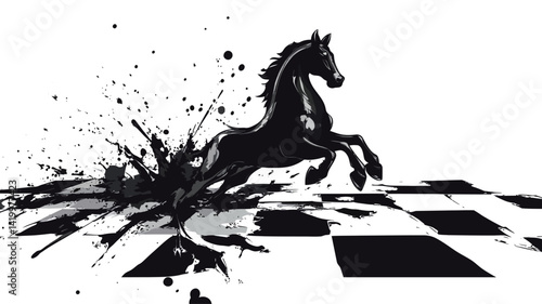The painting shows a stylized black horse in a prancing pose, rendered in stark monochrome tones. The horse��s form is dynamic, legs stretched out.