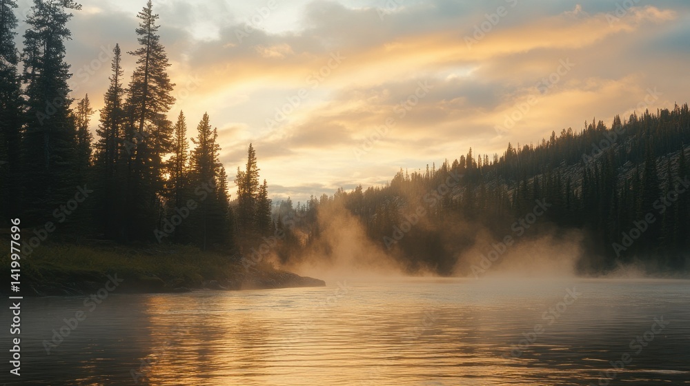 Fototapeta premium Scenic sunrise illuminating misty river flowing beside forested hillsides