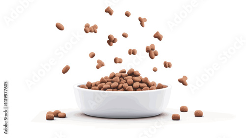 A high-key studio photo shows a shallow white bowl filled with small, light brown dry food pellets. Countless pellets are suspended in mid-air, creating a sense of motion.