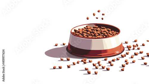 A stylized illustration of a red and white ceramic pet food bowl partially filled with brown kibble. Pieces of kibble are scattered around the bowl, suggesting movement and recent pouring.