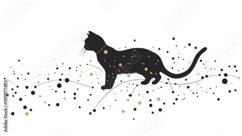 This image shows a minimalist vector illustration of a black cat silhouette. The cat is rendered in pure black against a white background, giving it a clean and elegant form. Its body is slightly