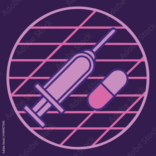 Retro medical illustration, neon pink syringe and pill, circular geometric design, purple background, 80s synthwave aesthetic, minimalist icon, glowing outlines, healthcare symbol, vector graphic styl