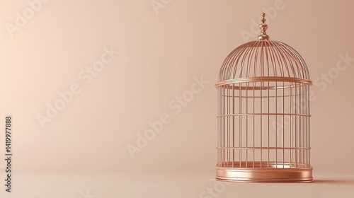 Elegant empty rose gold birdcage with intricate detailing and rounded top design set against a neutral background for decorative or symbolic themes