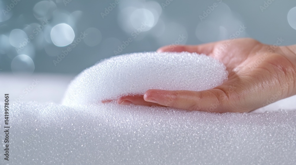 Fototapeta premium Technician Inspecting Soft Foam Material with Hand Against Blurred Background