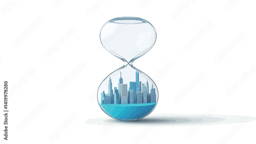 Fototapeta premium A 3D rendering of an hourglass. The upper sphere is mostly empty, while the lower sphere is filled with a stylized teal miniature cityscape. The cityscape features simple, angular buildings.