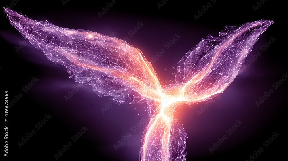 Abstract Representation of Angelic Wings with Digital Network Connection and Luminous Glow.