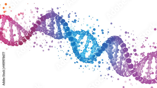 This image depicts the DNA double helix in a stylized way. The helix is rendered in a vibrant abstract style, made of colorful particles that give it a sense of movement.