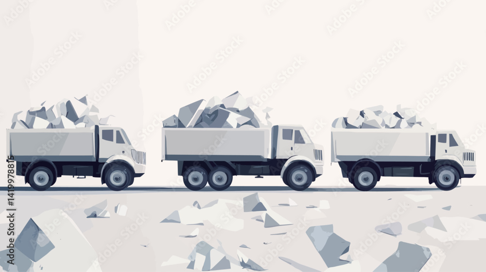 Obraz premium This is a stylized vector illustration or digital rendering of three white dump trucks standing side by side, each loaded with a pile of scrap metal. The trucks are rendered in a minimalist style.