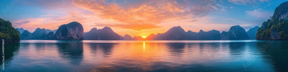 Serene Sunset Panorama: Islands and Calm Waters in Warm Hues Serene Sunset Panorama: Islands and Calm Waters in Warm Hues