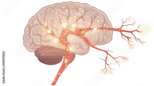 detailed medical illustration shows the intricate network of cerebral blood vessels within the human brain. The vessels are rendered in varying shades of red and orange, highlighting their