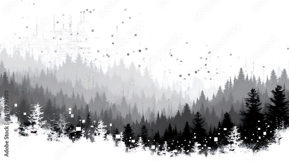 Abstract Silhouette Forest with Pixelated Elements Creating Ethereal Atmosphere and Digital Effect. Abstract Silhouette Forest with Pixelated Elements Creating Ethereal Atmosphere and Digital Effect.