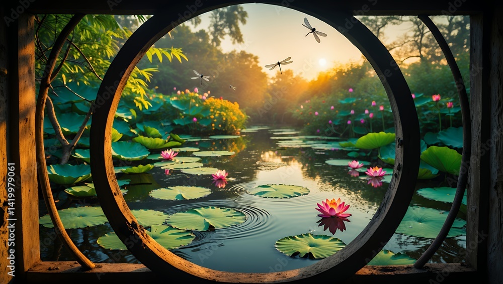 Obraz premium Peaceful Pond View through Round Window with Lotus Flowers and Dragonflies