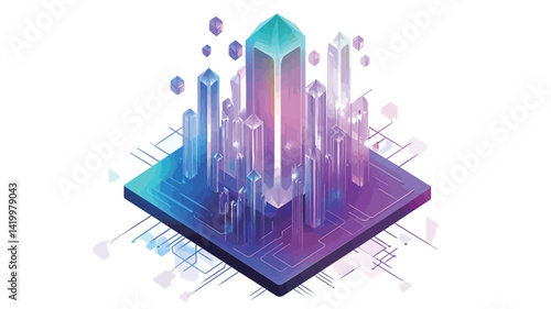 Isometric illustration of a vibrant abstract cityscape rendered in a futuristic style. At the center of the image is a crystalline structure radiating colorful vertical lines.