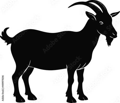 black and white goat, goat eating grass with baby, goat silhouette vector illustration, goat symbol icon.