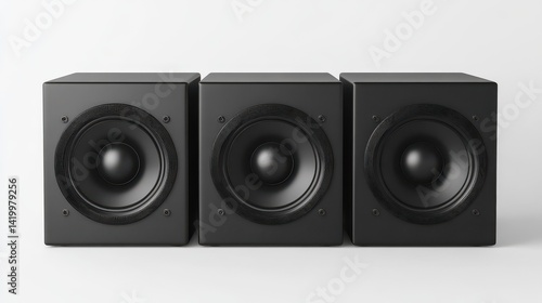 Black subwoofers with square speaker faces on a white background