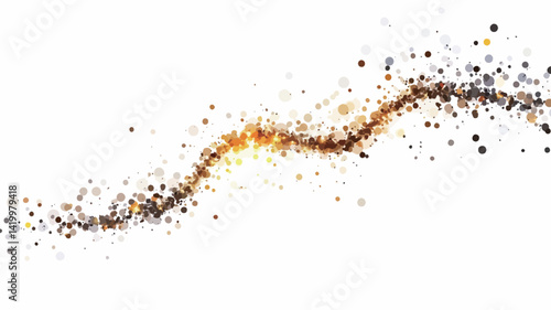 The high-resolution image depicts a dynamic flow of gold and brown particles against a pure white background. The particles appear in varying degrees of opacity and size, creating a sense of depth.