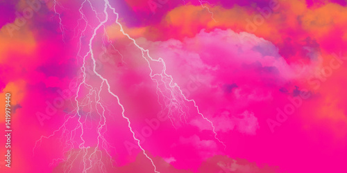Lightning strikes the sky. Electric discharges of lightning on a purple background. 