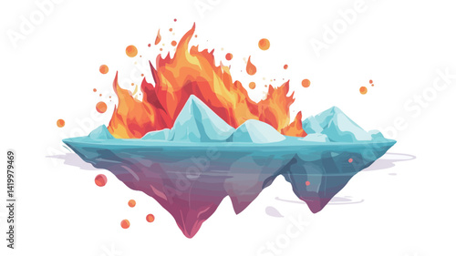 A digital illustration depicts a stylized iceberg engulfed in vivid orange and yellow flames. The iceberg was rendered in low polygons, showing sharp edges and corners.