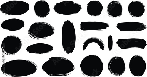 Brush frame rough rectangle box shape set. Text box frame rough grunge square, oval paint shape element.