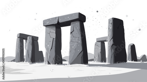 A stylized grayscale illustration of a Stonehenge-like megalithic structure. Several large, rough-hewn stone columns are shown, some standing, some toppled, or