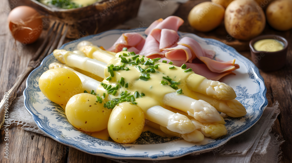 Authentic German spring dish with white asparagus, boiled potatoes, sliced ham and rich Hollandaise sauce. Served on vintage porcelain for a nostalgic touch. Authentic German spring dish with white asparagus, boiled potatoes, sliced ham and rich Hollandaise sauce. Served on vintage porcelain for a nostalgic touch.
