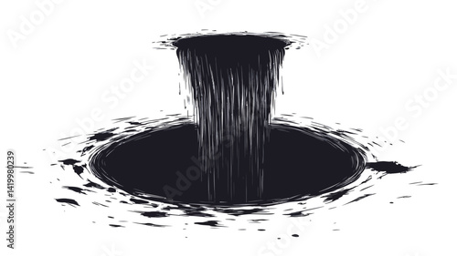 High contrast monochrome vector illustration of a stylized abyss or sinkhole. A vertical column of dark inky black, reminiscent of pouring liquid or a swirling vortex.