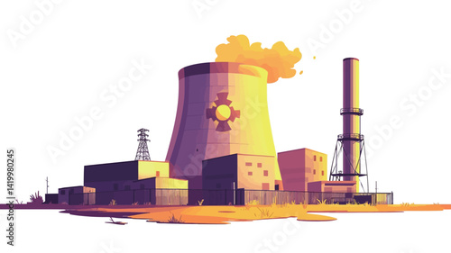 A stylized vector illustration of a nuclear power plant at sunset. The main feature is a large cylindrical cooling tower rendered in gradient purple and yellow tones, suggesting
