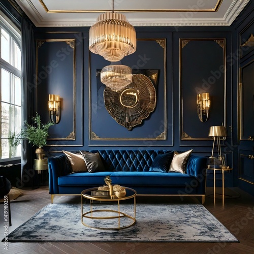 Living room with a royal blue velvet sofa, black and gold decor, and elegant light fixtures