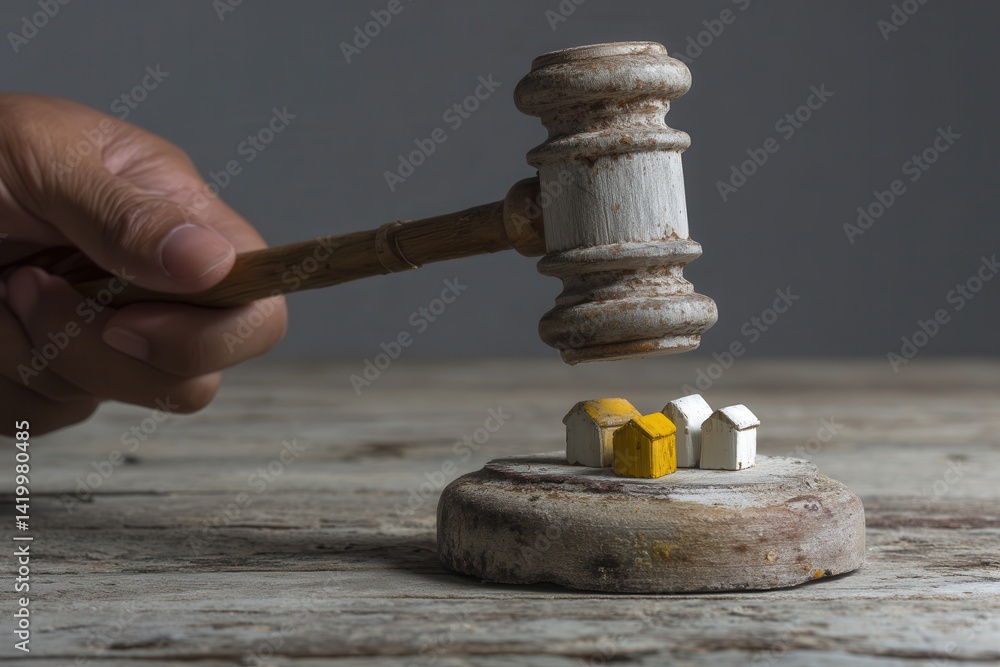 A gavel poised above miniature houses on a wooden block, symbolizing foreclosure or housing crisis. Dramatic lighting enhances the impactful scene