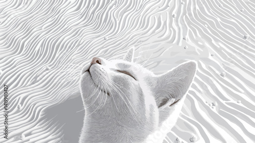 A high-angle close-up of a white cat lying on a surface with a distinct linear texture. The cat has its eyes closed and a calm, relaxed expression.