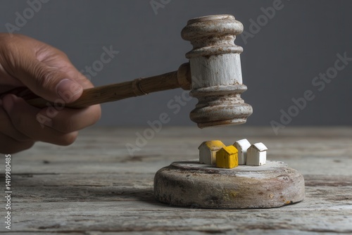 Obraz na płótnie A gavel poised above miniature houses on a wooden block, symbolizing foreclosure or housing crisis. Dramatic lighting enhances the impactful scene w salonie