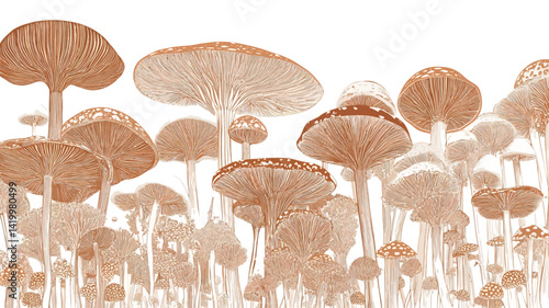 This photo is a detailed close-up shot from a low angle showing a dense cluster of light beige and cream mushrooms against a pure white background.