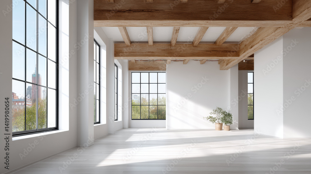 Fototapeta premium Bright urban loft with large windows, wooden beams, white walls, and potted plant, perfect for photo frame mockup, peaceful atmosphere